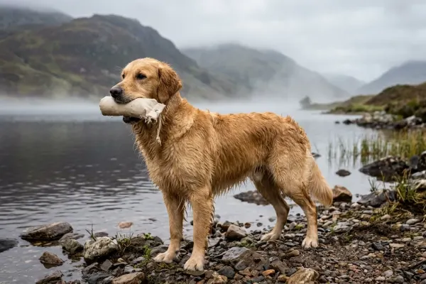 A Golden Retriever retrieving a training dummy from a Scottish loch, demonstrating what were golden retrievers bred for as gundogs.