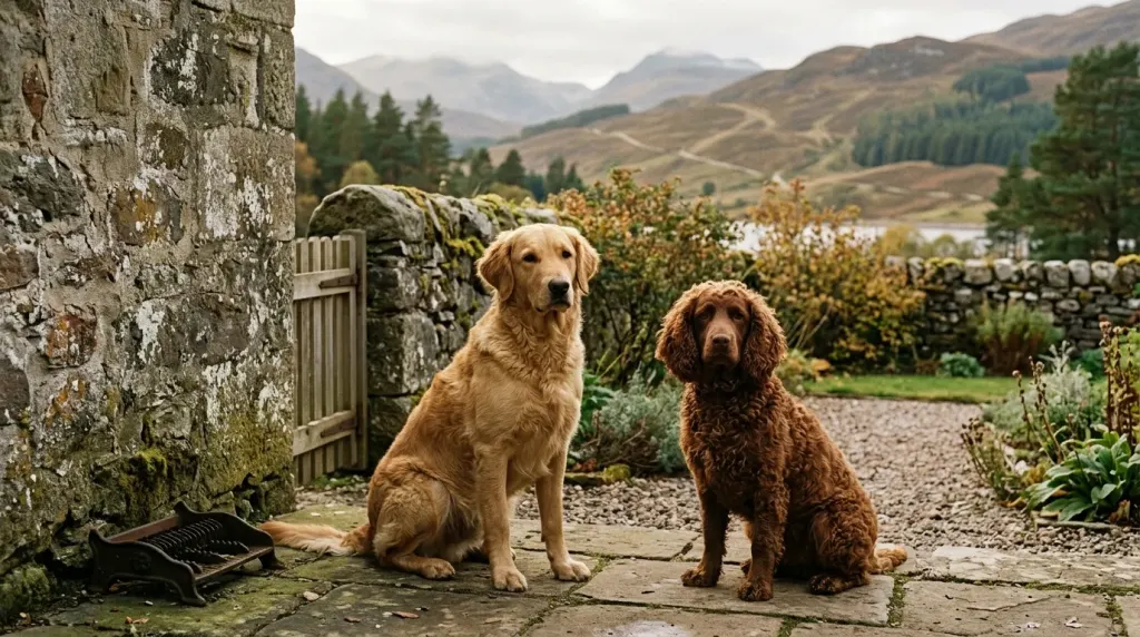 Historical recreation of a yellow retriever and a Tweed Water Spaniel representing the 1868 Guisachan foundation cross.