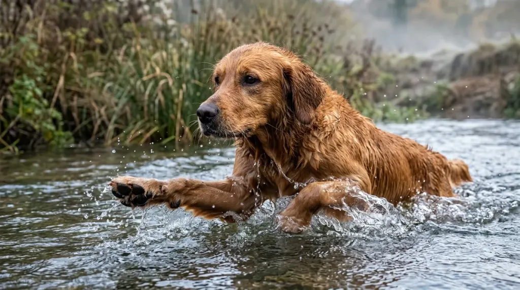 A Golden Retriever swimming in cold wetland waters showcasing its water-repellent double coat and webbed paws.