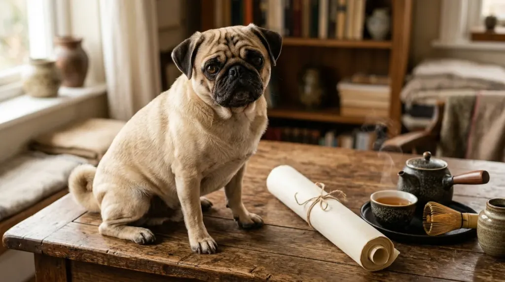 Detailed view of a Pug dog showing its compact facial wrinkles and dark mask