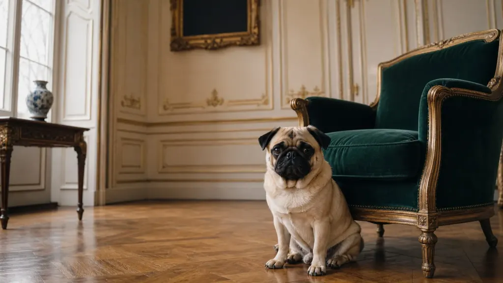A Pug dog sitting in a 19th-century European parlor setting