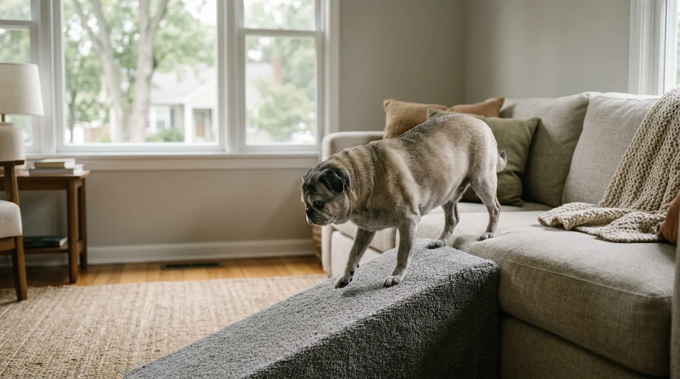 A senior Pug uses a carpeted ramp to reach a sofa, showing practical mobility support for older dogs.