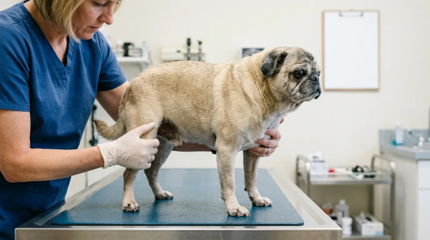 A veterinarian examines an older Pug's muscle and joint condition during a senior wellness checkup.
