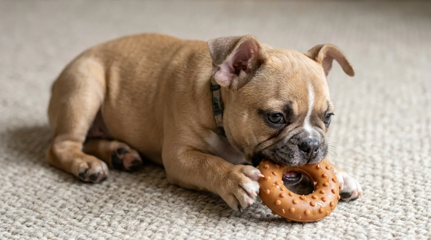 A French Bulldog puppy teething with soft ear cartilage during the 3 to 6 month growth phase.