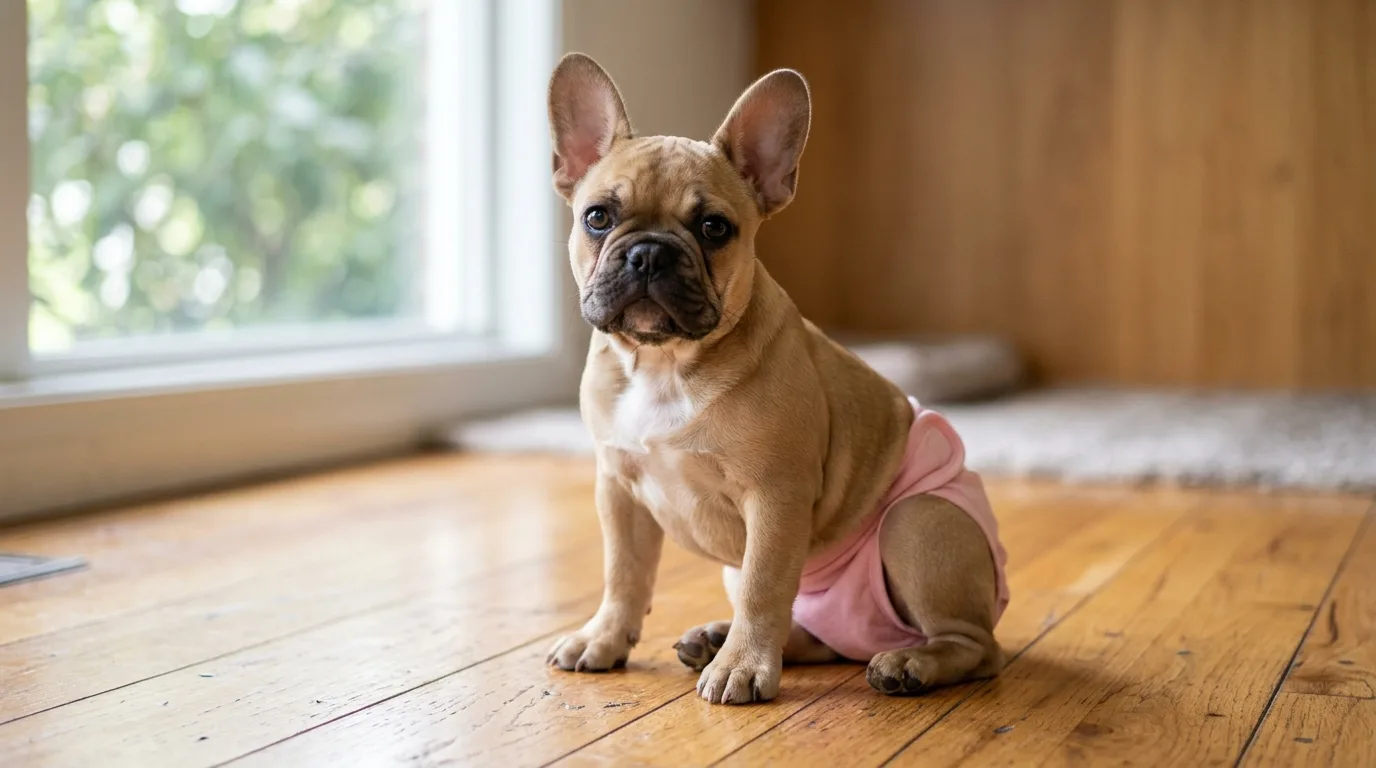 A female French Bulldog wearing a hygiene diaper indoors during proestrus