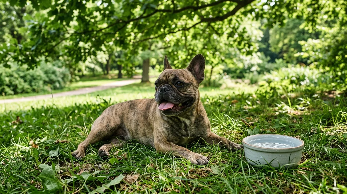 A French Bulldog resting in the shade with a fresh water bowl during hot summer weather