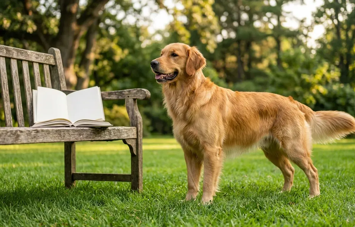 A healthy young adult Golden Retriever standing on grass outdoors representing full physical growth and maturity.