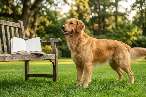 A healthy young adult Golden Retriever standing on grass outdoors representing full physical growth and maturity.
