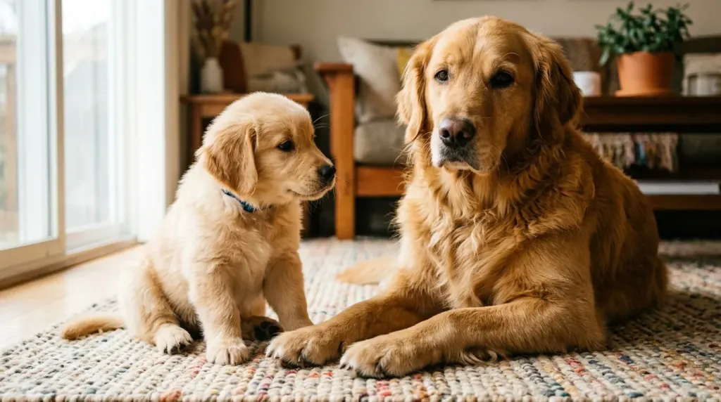 A young Golden Retriever puppy sitting beside a fully grown adult Golden Retriever showing size and growth progression.