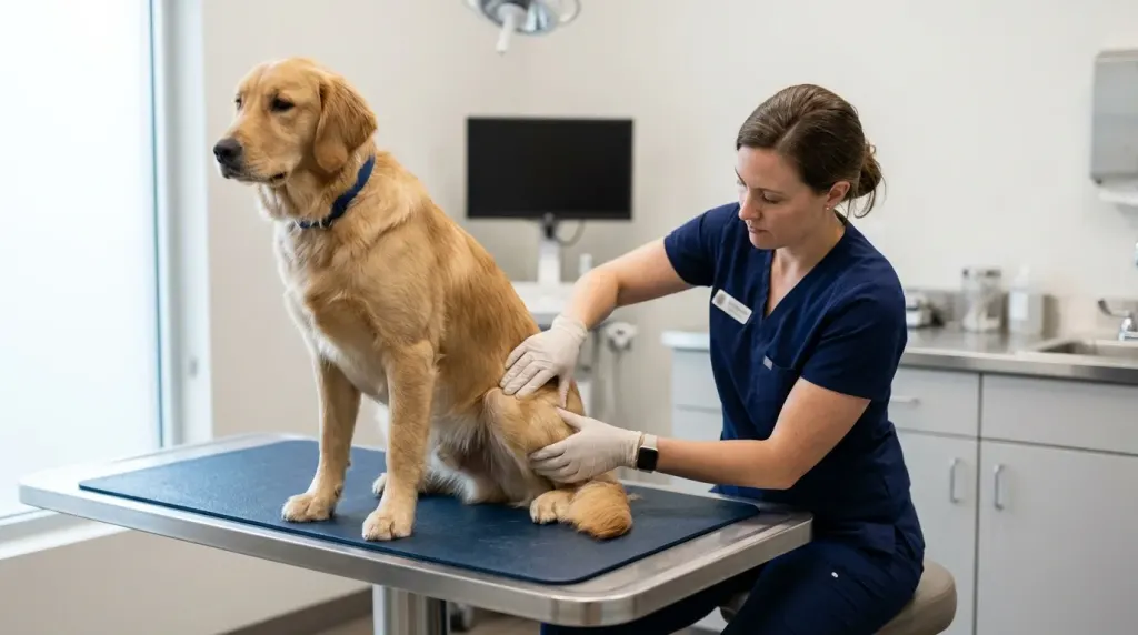 A veterinarian examining the joint and bone growth plate development of an adolescent Golden Retriever.