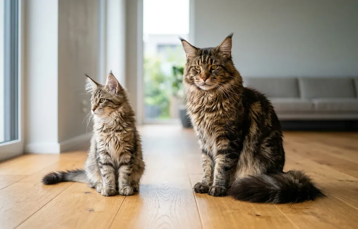 Full grown adult Maine Coon cat sitting next to a kitten illustrating when do maine coons stop growing.