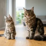 Full grown adult Maine Coon cat sitting next to a kitten illustrating when do maine coons stop growing.