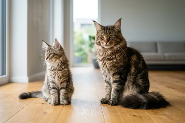 Full grown adult Maine Coon cat sitting next to a kitten illustrating when do maine coons stop growing.