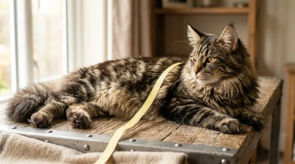 Measuring a young Maine Coon cat on a grooming table to track growth timeline and body length.