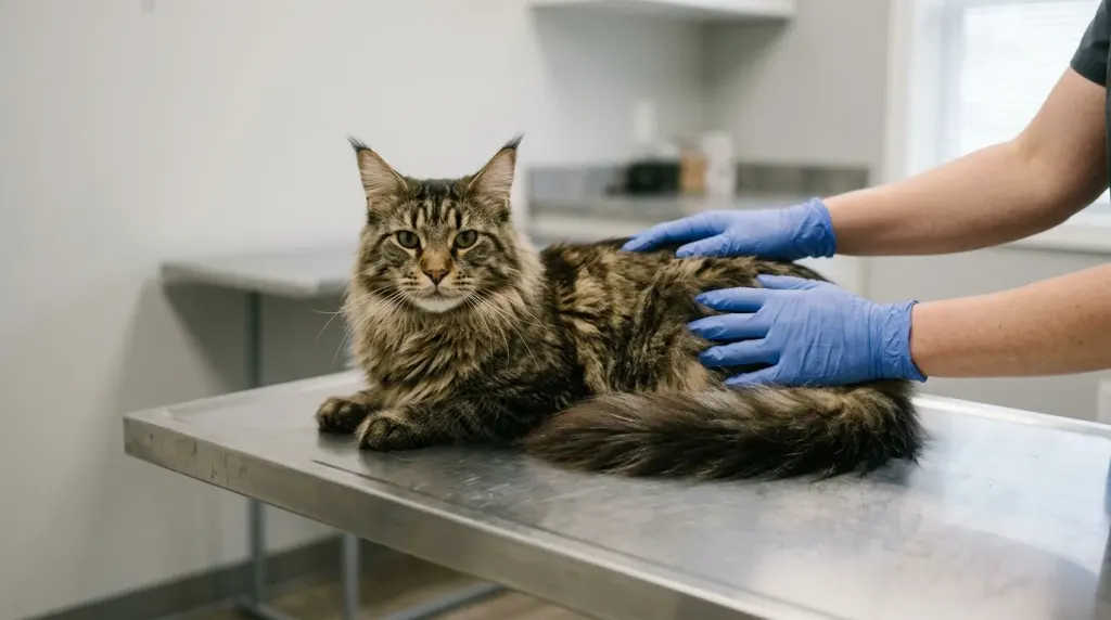 Adult Maine Coon cat being weighed on a veterinary scale to evaluate full grown body condition.