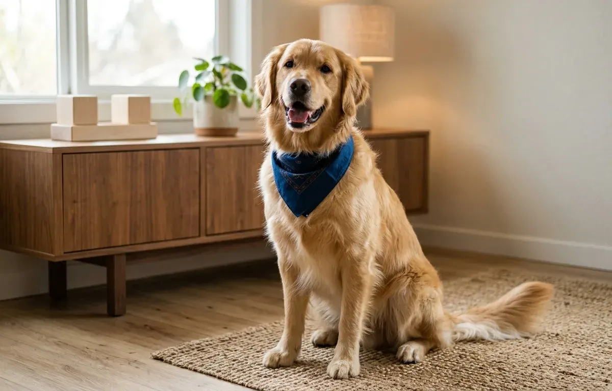 A cheerful adult Golden Retriever wearing a festive bandana in a sunlit living room celebrating National Golden Retriever Day.