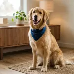 A cheerful adult Golden Retriever wearing a festive bandana in a sunlit living room celebrating National Golden Retriever Day.