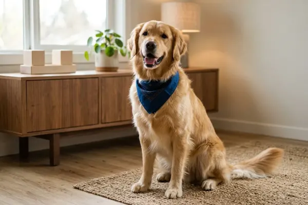 A cheerful adult Golden Retriever wearing a festive bandana in a sunlit living room celebrating National Golden Retriever Day.