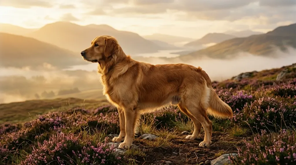 A classic Golden Retriever in the Scottish Highlands reflecting the historical origins of the breed.