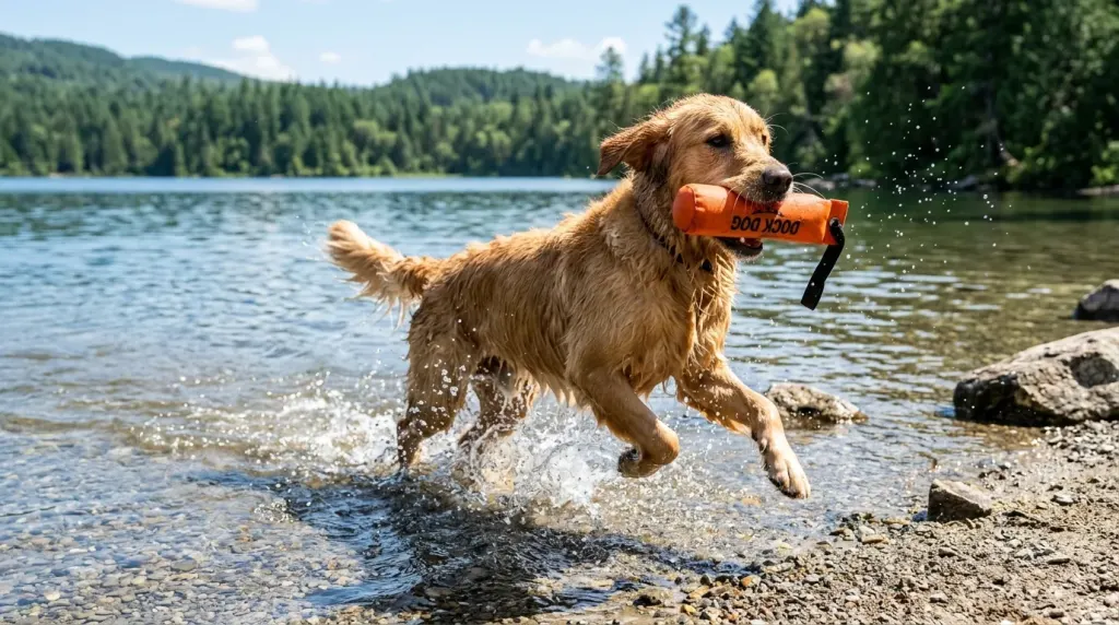 An energetic Golden Retriever retrieving a water bumper during an outdoor celebration.