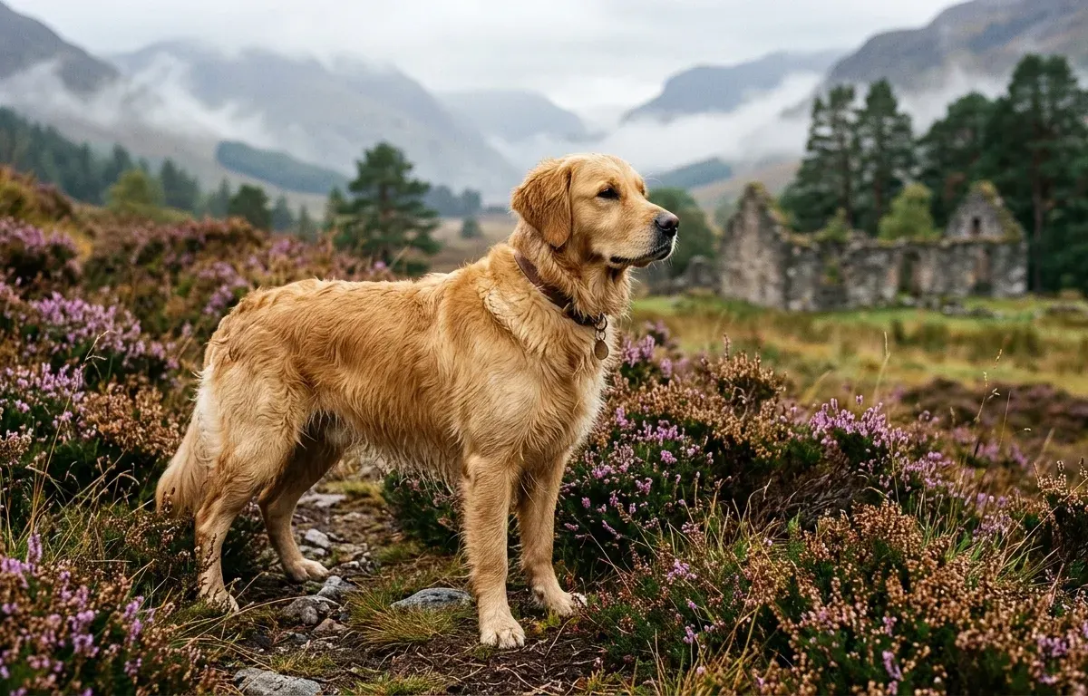 Golden Retriever standing in the Scottish Highlands where the breed was first developed.