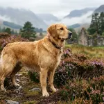 Golden Retriever standing in the Scottish Highlands where the breed was first developed.