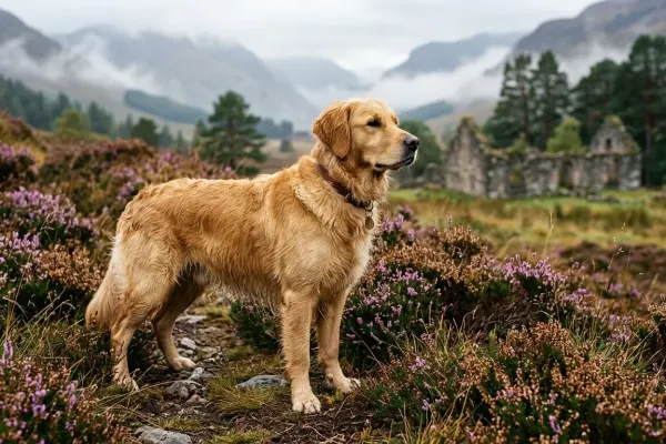 Golden Retriever standing in the Scottish Highlands where the breed was first developed.