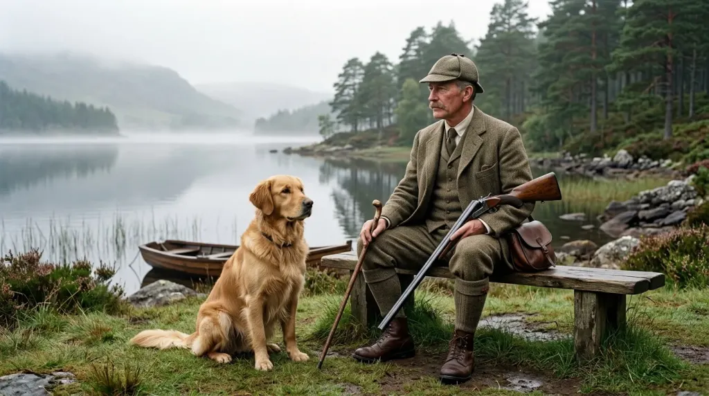 Historical Scottish breeding setting depicting early Golden Retriever ancestors in Glen Affric.