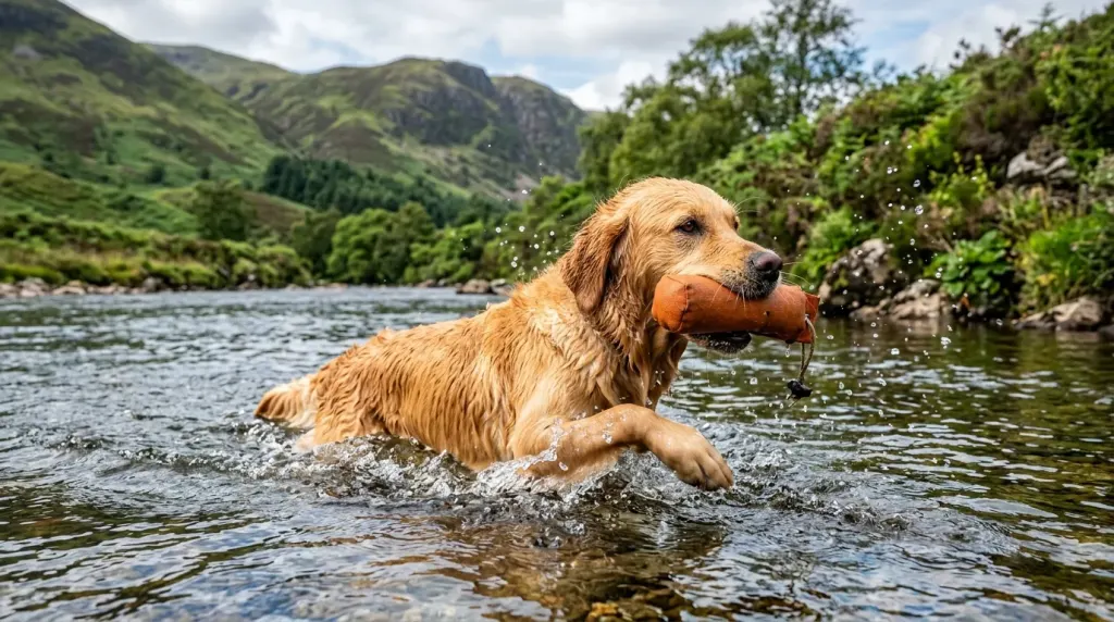 Golden Retriever swimming in freshwater demonstrating water retrieving ability and dense water-resistant coat.