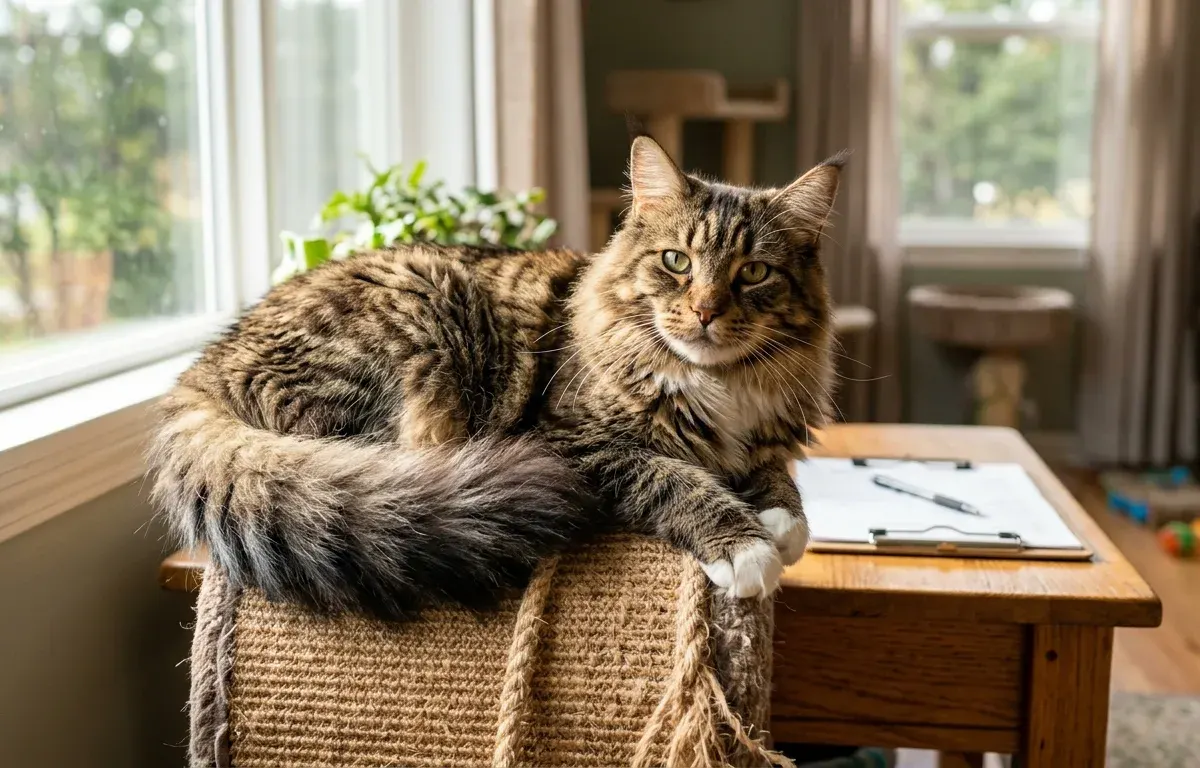 A magnificent brown tabby Maine Coon cat resting in an adoption center room awaiting a forever family.