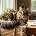 A magnificent brown tabby Maine Coon cat resting in an adoption center room awaiting a forever family.