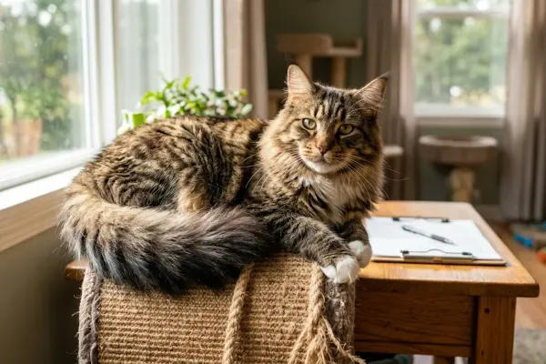 A magnificent brown tabby Maine Coon cat resting in an adoption center room awaiting a forever family.
