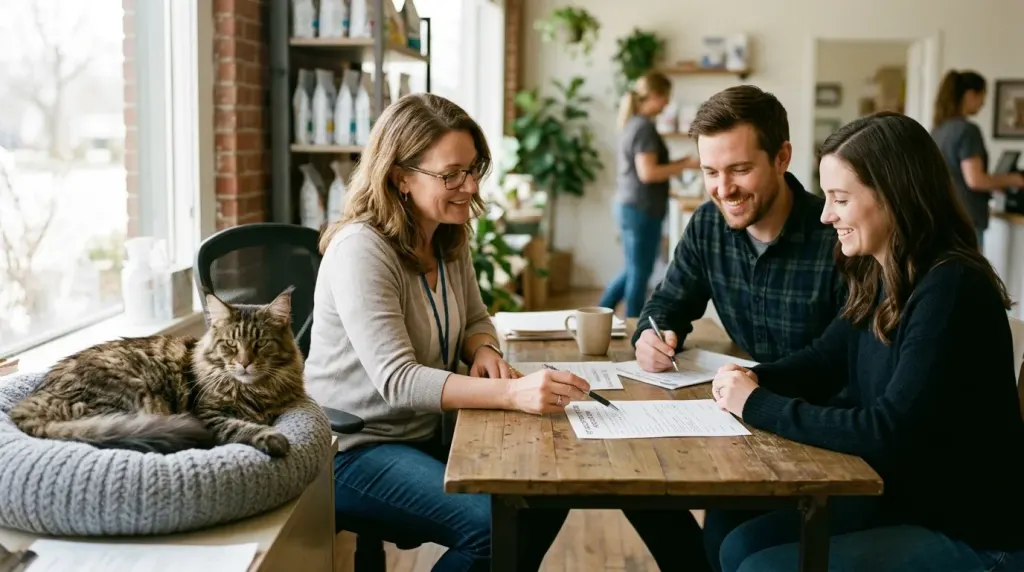 Prospective pet parents reviewing Maine Coon adoption application requirements with a rescue volunteer.