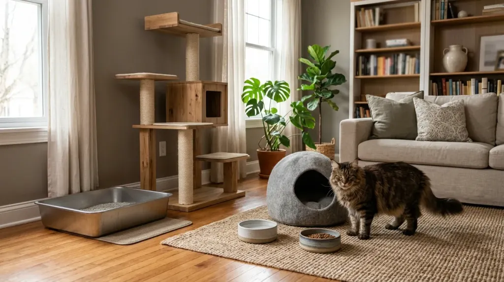 Home setup prepared with oversized sturdy accessories for an adopted Maine Coon cat.