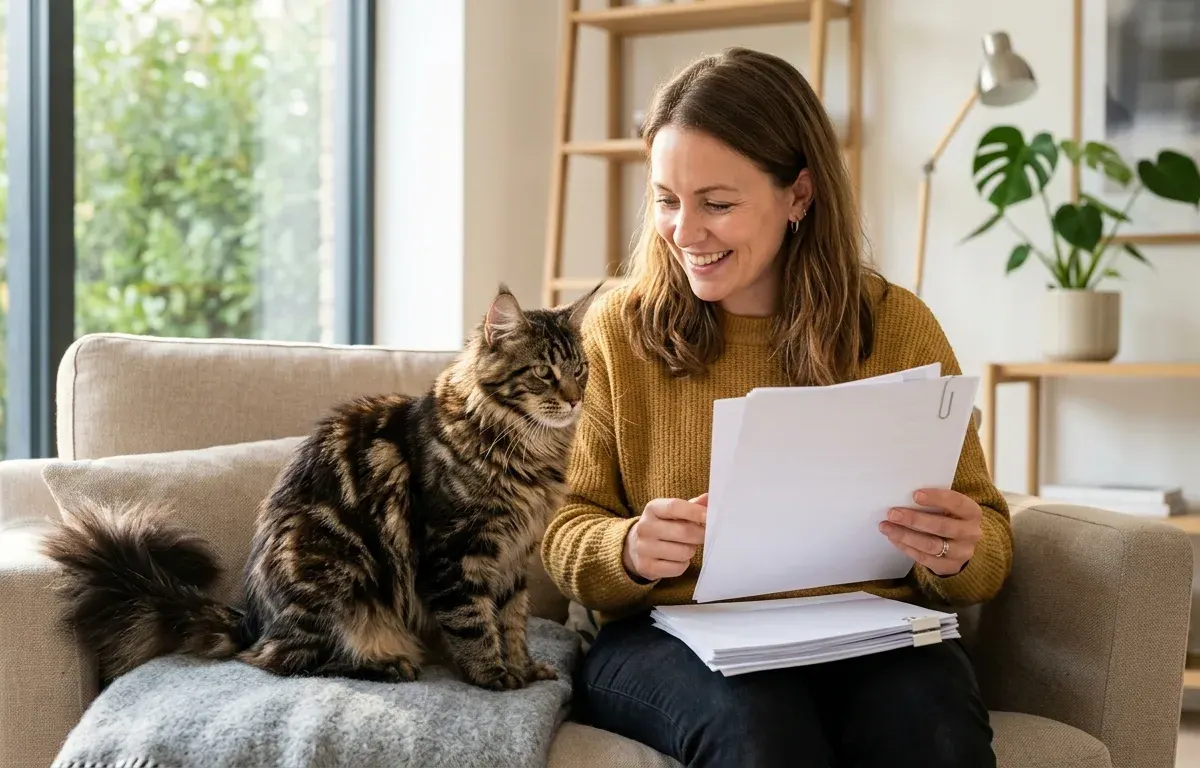Prospective pet owner reviewing official breeder documentation with a young brown tabby Maine Coon cat.