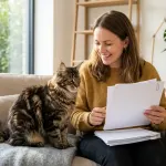 Prospective pet owner reviewing official breeder documentation with a young brown tabby Maine Coon cat.