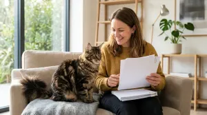 Prospective pet owner reviewing official breeder documentation with a young brown tabby Maine Coon cat.