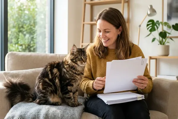 Prospective pet owner reviewing official breeder documentation with a young brown tabby Maine Coon cat.