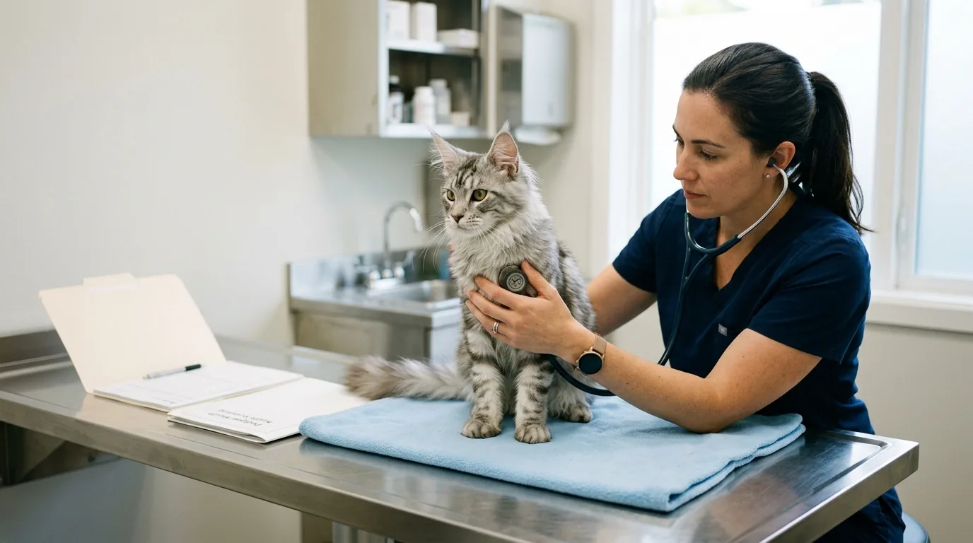 Veterinarian performing health screening and cardiac evaluation on a Maine Coon cat.