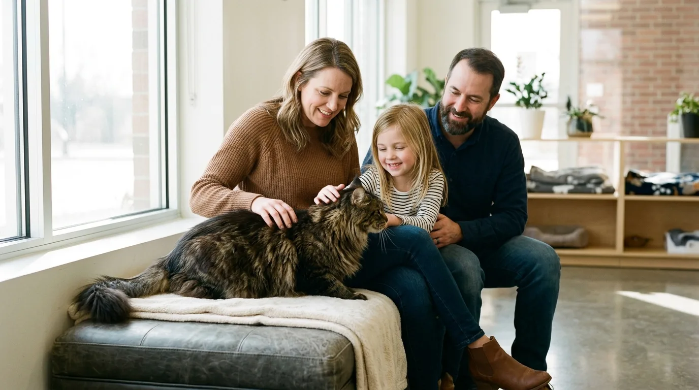 Family meeting an adoptable long-haired Maine Coon cat in a bright animal shelter intake room.