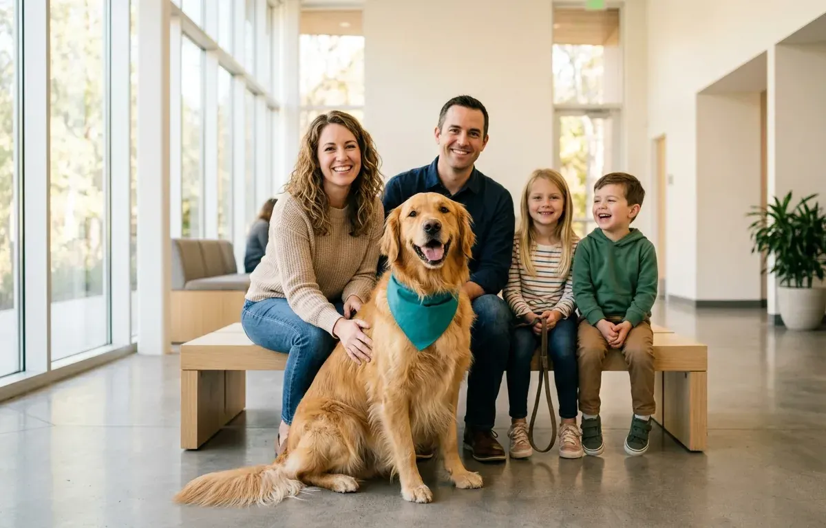 Adopting family meeting a rescued Golden Retriever at an animal rescue center