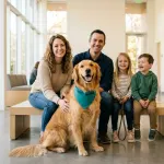Adopting family meeting a rescued Golden Retriever at an animal rescue center