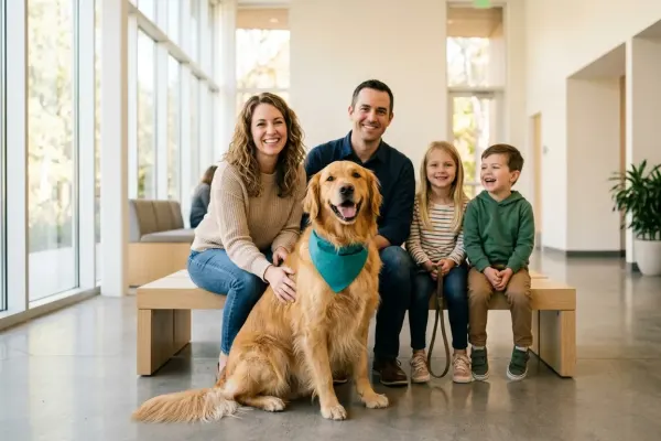 Adopting family meeting a rescued Golden Retriever at an animal rescue center