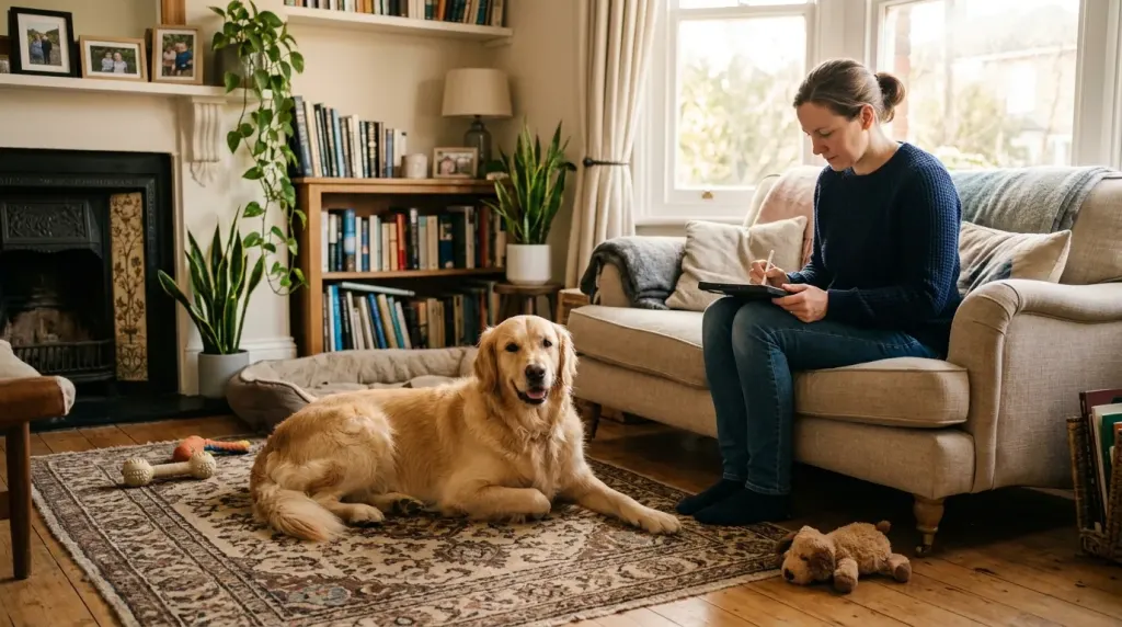 Golden Retriever resting in a volunteer foster home during the adoption evaluation process