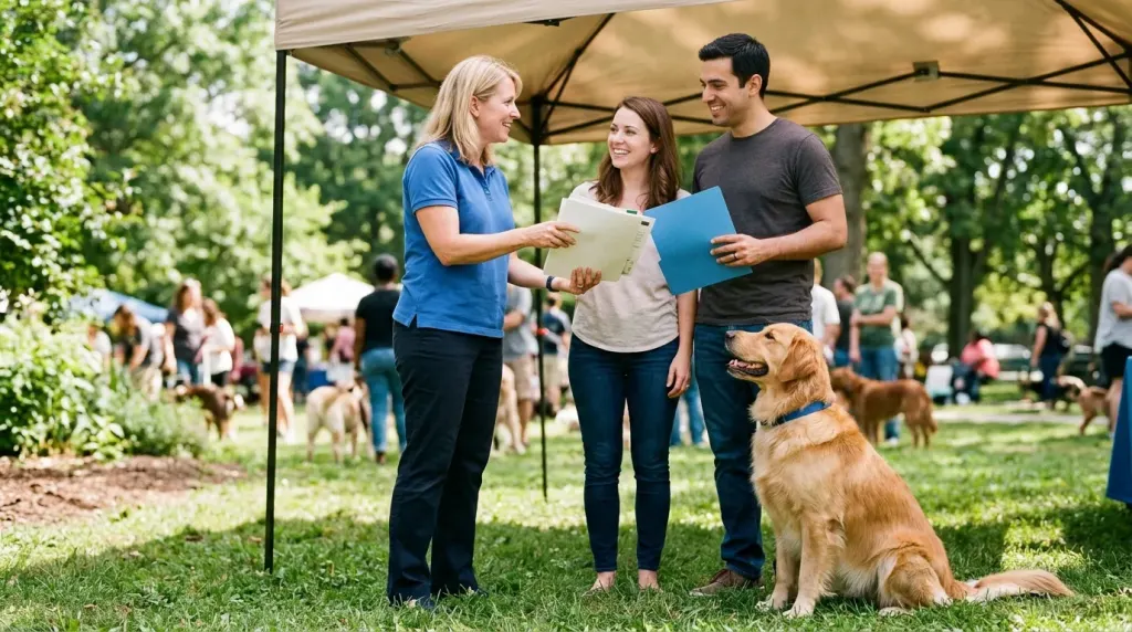 Prospective adopters completing an application review with a Golden Retriever rescue counselor