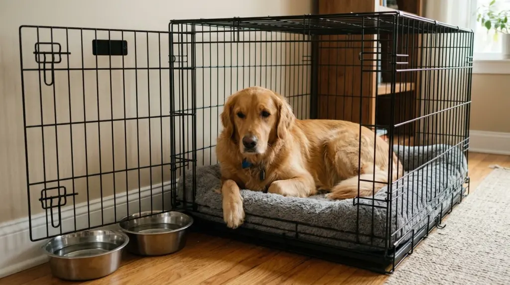 Newly adopted Golden Retriever crate training during the initial 3-3-3 decompression period