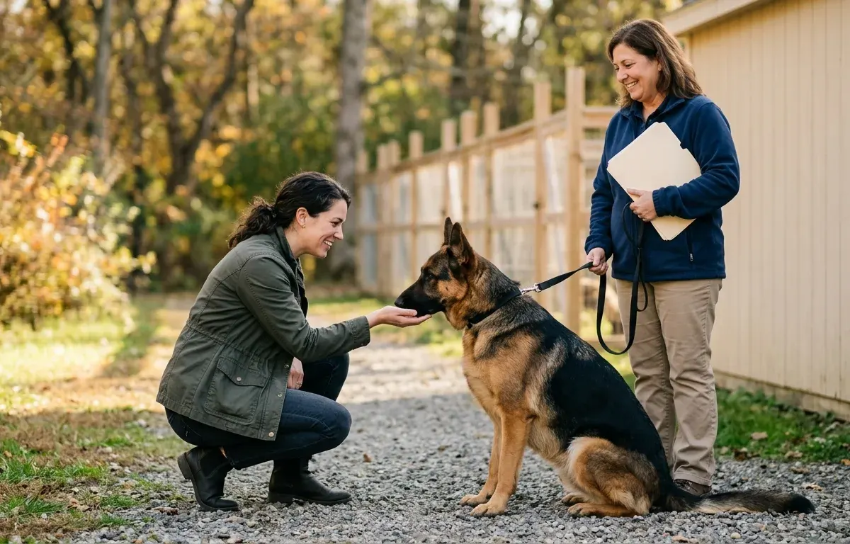 Prospective pet owner meeting a healthy German Shepherd dog at an accredited adoption center