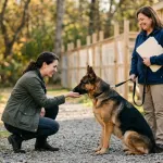 Prospective pet owner meeting a healthy German Shepherd dog at an accredited adoption center