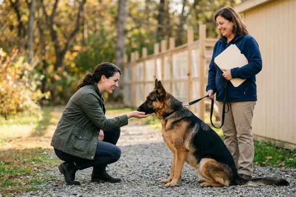 Prospective pet owner meeting a healthy German Shepherd dog at an accredited adoption center