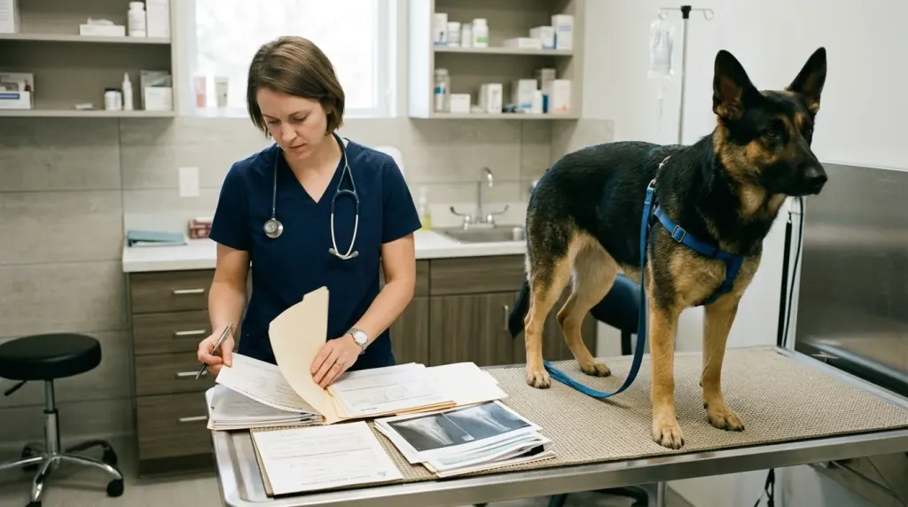 Licensed veterinarian reviewing certified orthopedic health clearance documentation for a German Shepherd